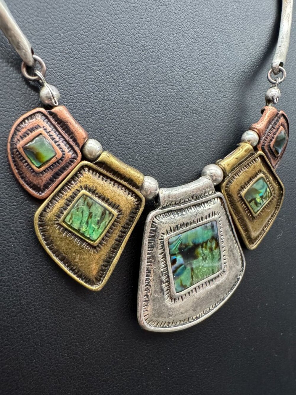 Tribal Necklace Silver Gold and Copper Tone Abalone Shell Accents - Picture 4 of 7